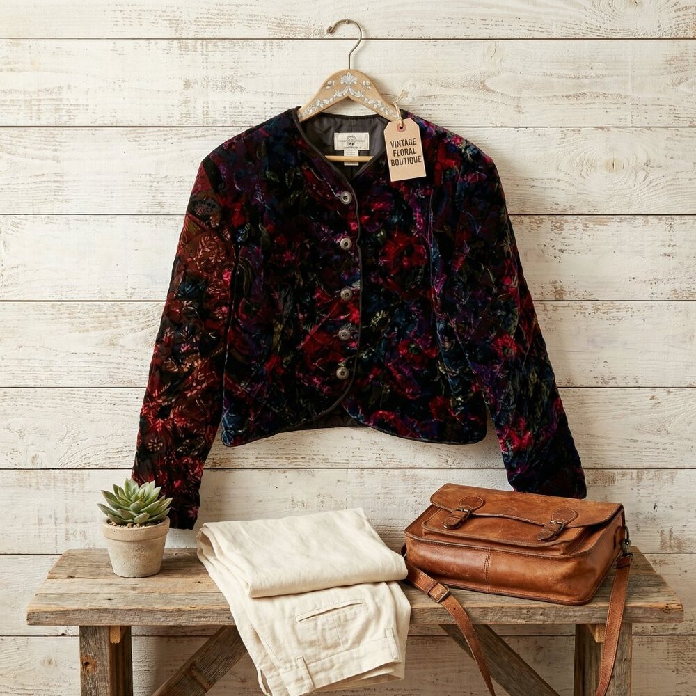 Vintage Women Jacket | Earthy Ochre & Purple | Leaf Details | Retro Outerwear